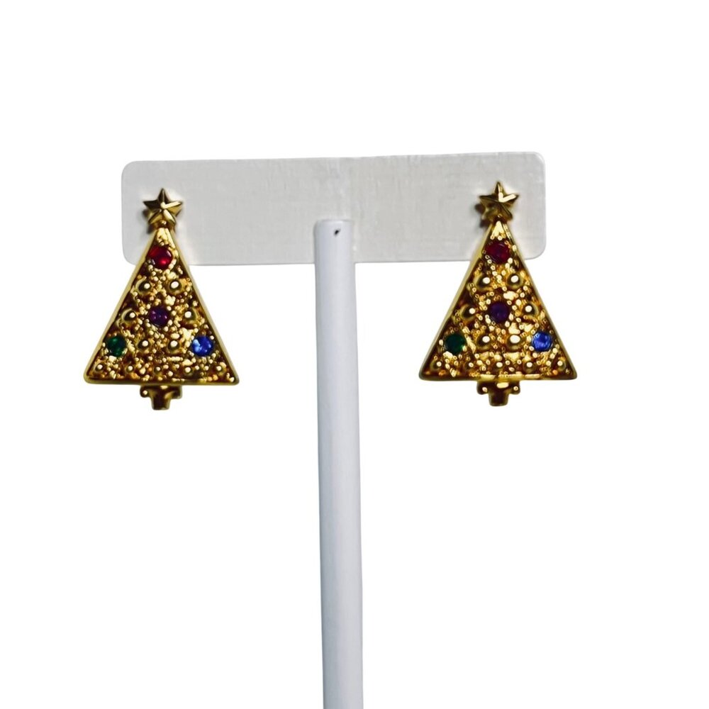 Gold Tone And Rhinestone Christmas Tree Pierced Earrings (6101)